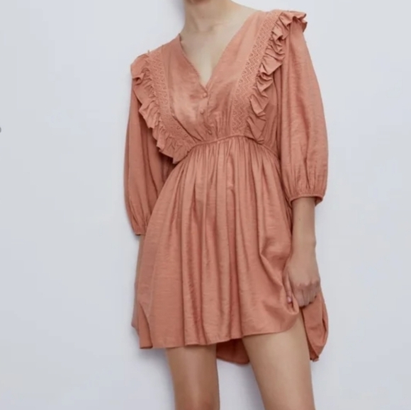 Zara women mini dress puff sleeve embroidery M lagenlook y2k Rodeo Festival Pink - Picture 11 of 11